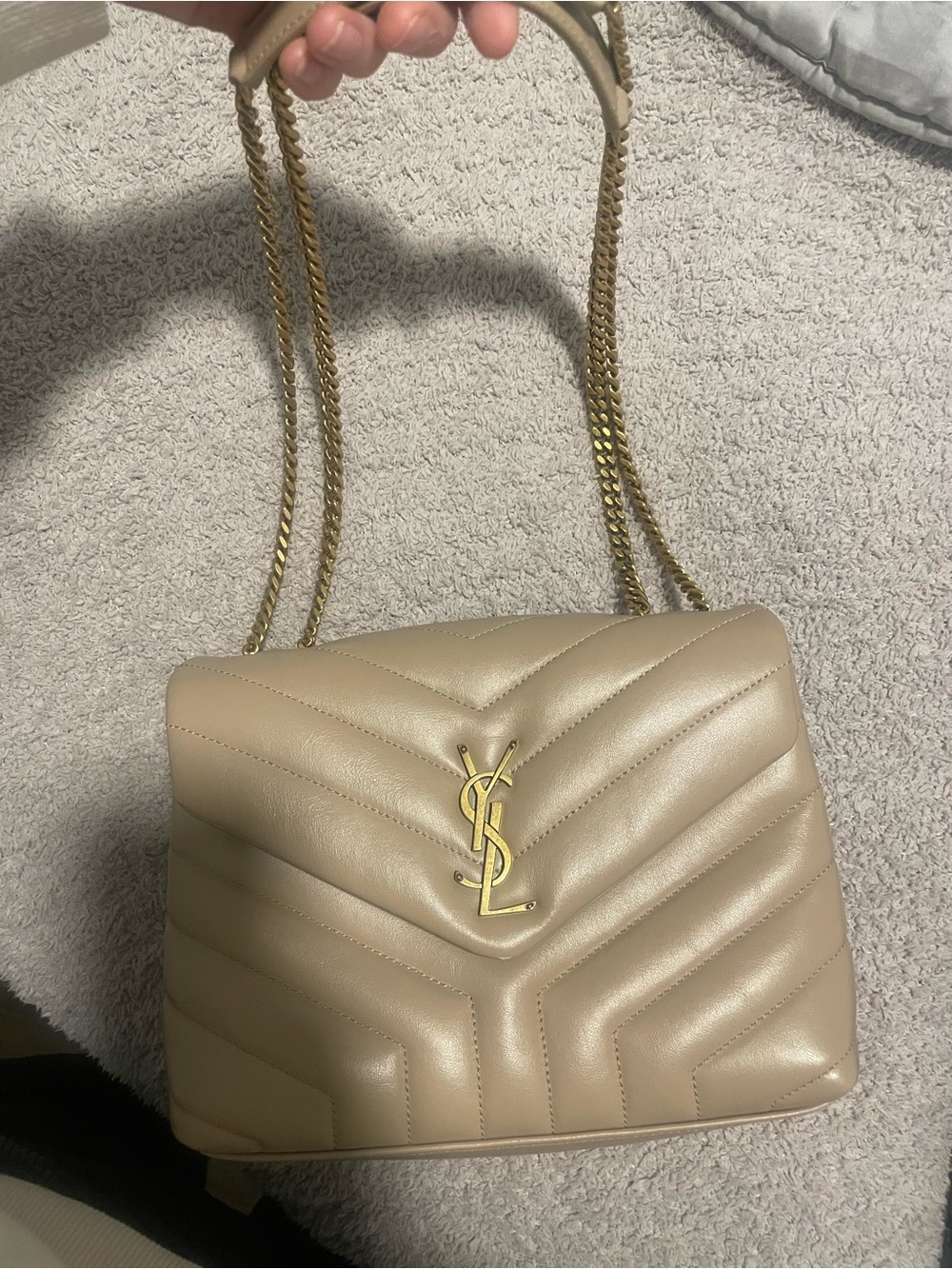 Saint Laurent Taupe Chevron Quilted Shoulder Bag with Gold YSL